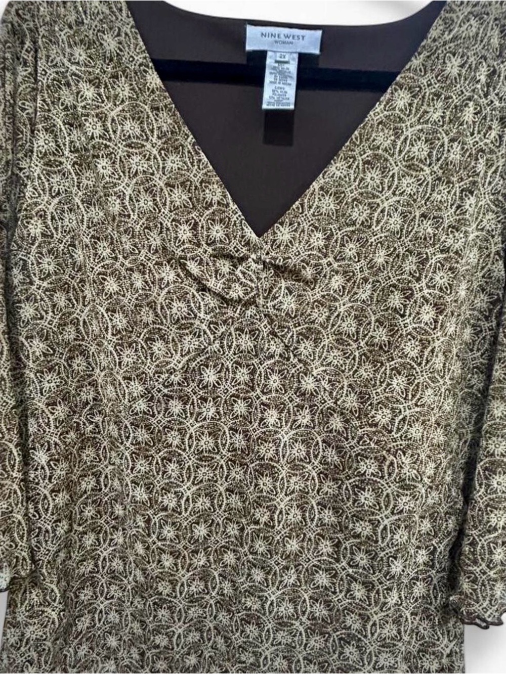 Nine West Woman 2X Sheer Metallic Floral Print Peasant Blouse Brown Gold